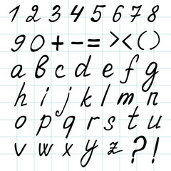 Hand drawn numbers and letters of the English alphabet. Collection of arabic numerals and lowercase letters on white. School set of signs and symbols in vector. Set of digital and letter brushes. 