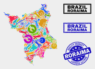 Vector composition of tools Roraima State map and blue seal for quality product. Roraima State map collage made with tools, spanners, industry icons.