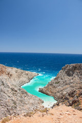 Seitan limania beach on Crete, Greece. Travel tourism wide panorama background concept. Beautiful beach with turquoise water natural landscape of Seitan Limania.