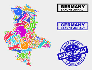 Vector collage of technology Saxony-Anhalt Land map and blue stamp for quality product. Saxony-Anhalt Land map collage composed with tools, spanners, science symbols.