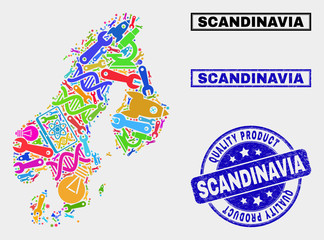 Vector collage of service Scandinavia map and blue stamp for quality product. Scandinavia map collage made with equipment, spanners, science symbols.
