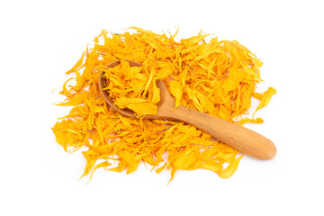 herbal calendula  in wooden sppon isolated on white background