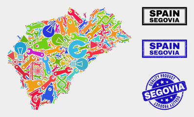 Vector combination of tools Segovia Province map and blue seal for quality product. Segovia Province map collage created with tools, spanners, science symbols.