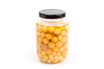 bottle of pickled garlic isolated on white background