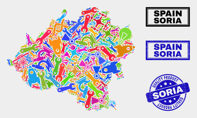 Vector collage of service Soria Province map and blue watermark for quality product. Soria Province map collage made with equipment, wrenches, science icons.