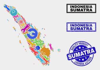Vector collage of service Sumatra map and blue stamp for quality product. Sumatra map collage formed with tools, spanners, science symbols. Vector abstract collage of Sumatra map for service business,