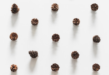 Pinecone pattern over white background for christmast concept. flatlay