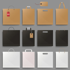 Shopping Bag Mockup set design. Square and horisontal black cardboard packet blank. Vector
