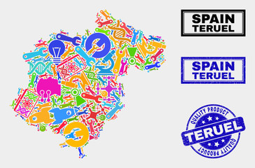 Vector collage of service Teruel Province map and blue seal stamp for quality product. Teruel Province map collage composed with tools, spanners, industry icons.