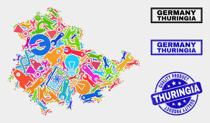 Obraz premium Vector collage of service Thuringia Land map and blue watermark for quality product. Thuringia Land map collage formed with equipment, wrenches, production icons.