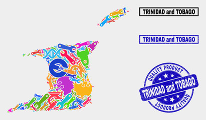 Vector collage of tools Trinidad and Tobago map and blue stamp for quality product. Trinidad and Tobago map collage composed with tools, wrenches, industry symbols.