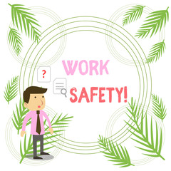 Writing note showing Work Safety. Business concept for policies and procedures in place to ensure health of employees Young Male Businessman Worker Searching Problem Solution