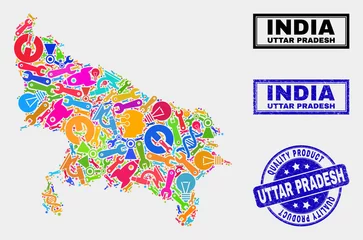Fotobehang Vector collage of tools Uttar Pradesh State map and blue seal stamp for quality product. Uttar Pradesh State map collage created with tools, wrenches, science icons. © Evgeny