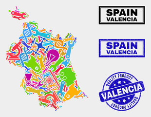 Vector collage of service Valencia Province map and blue watermark for quality product. Valencia Province map collage composed with tools, spanners, industry icons.