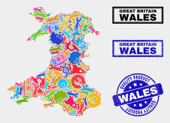 Vector combination of service Wales map and blue seal stamp for quality product. Wales map collage designed with tools, spanners, production icons.