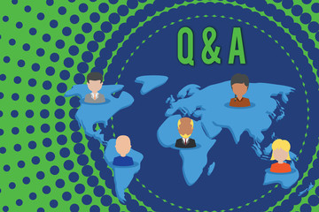 Fototapeta premium Word writing text Q And A. Business photo showcasing a period of time or an occasion when someone answers questions Connection multiethnic persons all over world. Global business earth map