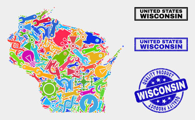 Vector collage of tools Wisconsin State map and blue seal stamp for quality product. Wisconsin State map collage created with tools, spanners, production symbols.