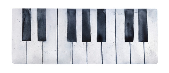 Watercolour illustration of piano keys, decorated with small drops and drips. One single object, top view. Handdrawn liquid water color sketchy painting, cut out clipart element for creative design. © Julija