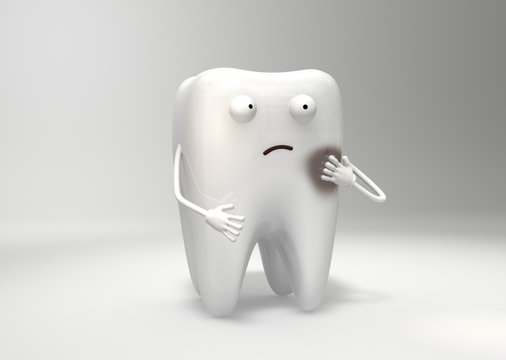3D illustration A sick tooth feels unwell, worries and feels his hand. Funny 3d characters