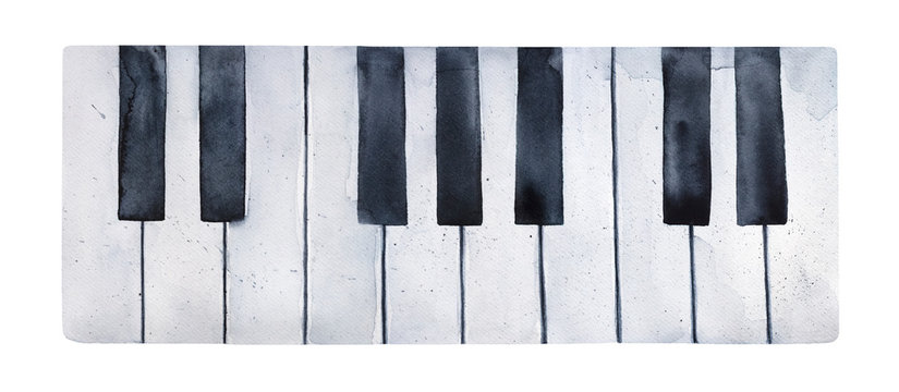 Watercolour illustration of piano keys, decorated with small drops and  drips. One single object, top view. Handdrawn liquid water color sketchy  painting, cut out clipart element for creative design. Illustration Stock