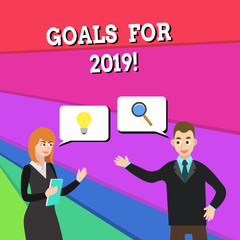 Text sign showing Goals For 2019. Business photo showcasing object of demonstratings ambition or effort aim or desired result Business Partners Colleagues Jointly Seeking Problem Solution Generate