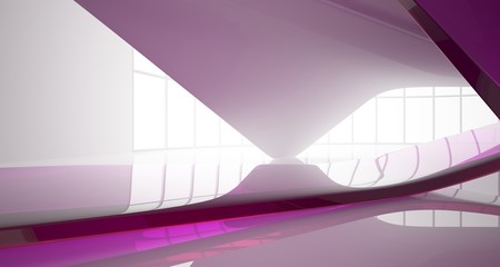 Abstract smooth architectural white and glass gradient color interior of a minimalist house with large windows. 3D illustration and rendering.
