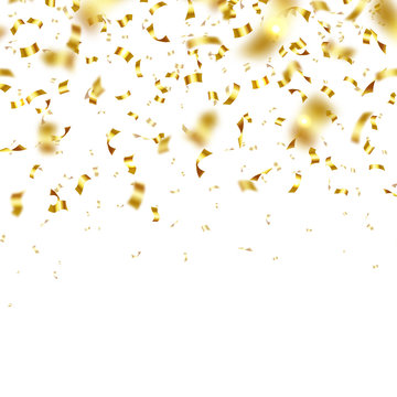 Realistic falling golden confetti isolated on white background. Merry Christmas and Happy New Year holiday decor. Anniversary celebration design. Shiny festive gold foil vector illustration