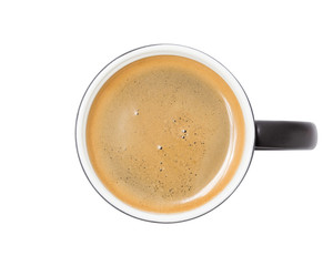 coffee cup, top view of coffee black in black ceramic cup isolated on white background. with clipping path.