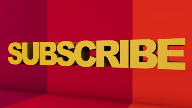 A full screen 3D rendered graphic using Cinema 4D of 3D text "SUBSCRIBE" with point of view movement.