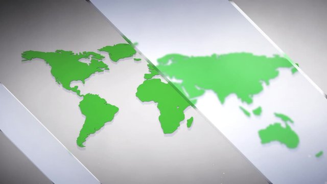 A 3D render, zooming out of South America, revealing a continental map of the world, with a moving glass panes effect.