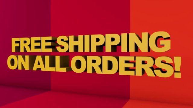 A full screen 3D rendered graphic using Cinema 4D of 3D text "FREE SHIPPING ON ALL ORDERS!" with point of view movement.