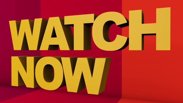 A full screen 3D rendered graphic using Cinema 4D of 3D text "WATCH NOW" with point of view movement.