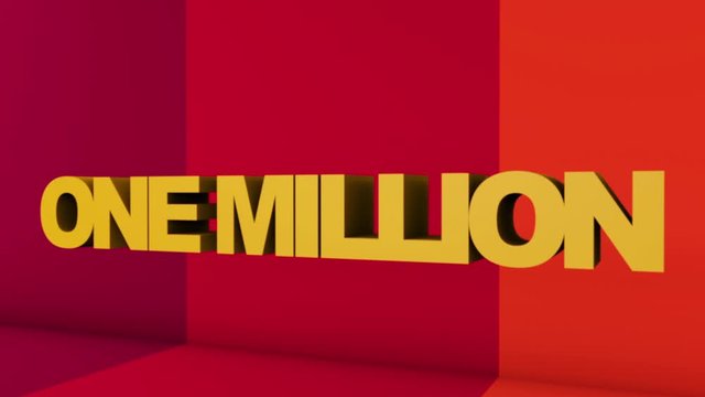 A full screen 3D rendered graphic using Cinema 4D of 3D text "ONE MILLION" with point of view movement.