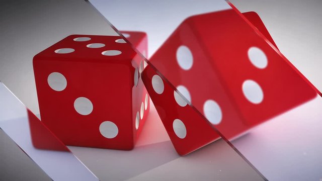 A 3D render of a pair of red and white dice, with a moving glass panes effect.