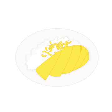Ripe mango sticky rice on plate on white background illustration  Vector