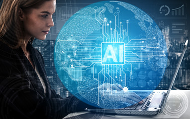 AI Learning and Artificial Intelligence Concept - Icon Graphic Interface showing computer, machine...