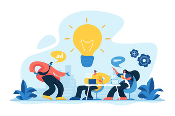 Sharing thoughts, ideas, teamwork in company. Colleagues working on project. Start up launching, business success, brainstorm meeting concept. Vector isolated concept creative illustration