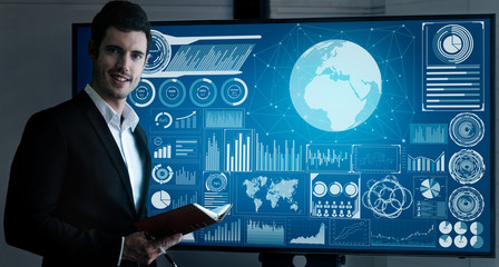 Data Analysis for Business and Finance Concept. Graphic interface showing future computer technology of profit analytic, online marketing research and information report for digital business strategy.
