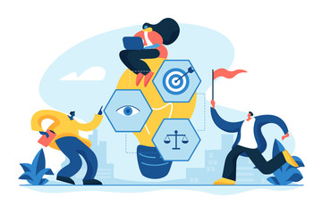 Plan of action, startup project scheme. Achieving goals and aims. Vision statement, business mission, company mission, business planning concept. Vector isolated concept creative illustration