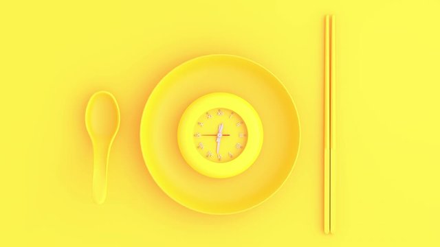 Yellow clock in bowl with spoon and chopsticks yellow background, Minimal and Break time idea concept. The beginning of time 12.00 run fast to 01.00. Timelapse moving fast, 3D Render.