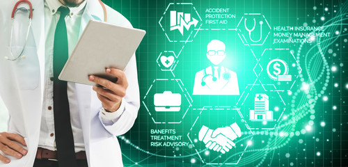 Health Insurance Concept - Doctor in hospital with health insurance related icon graphic interface...