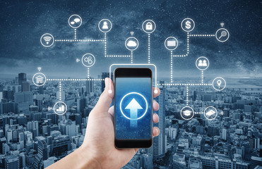 Hand holding mobile smartphone connect to internet data and online application