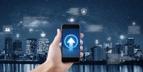 Hand holding mobile smartphone connect to internet data and online application