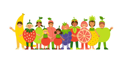 Fototapeta premium Kids in fruit clothing flat illustration