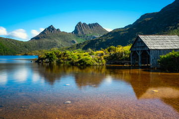 Beautiful scene of Cradle mountain peak from Dove lake in Cradle Mountain National Park, Tasmania,...