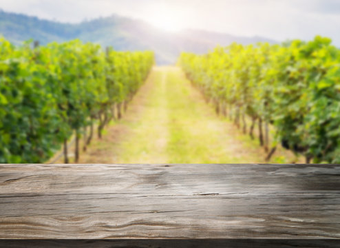Brown wood table in green spring vineyard landscape with empty copy space on the table for product display mockup. Agriculture winery and wine tasting concept.