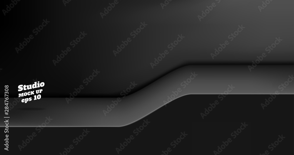 Aufkleber Vector Empty glossy black studio table with slope step room background ,product display with copy space for display of content design.Banner for advertise product on website.