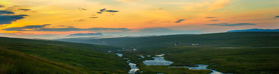 Aerial view Beautiful landscape of meadow and mountain at morning in Iceland, summertime