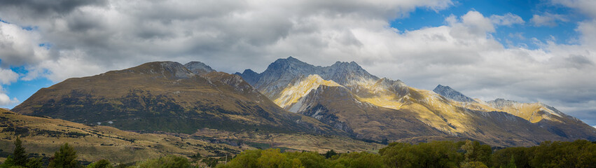 Panoramic at Mount Larkins mountain peaks in Lord of the Rings film location, Glenorchy, New Zealand