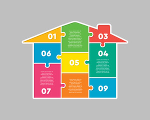House puzzle jigsaw pieces nine option infographic